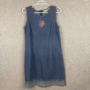 VTG Expressions Womens Denim Dress Size 8 Heart American Flag Patch Sleeveless